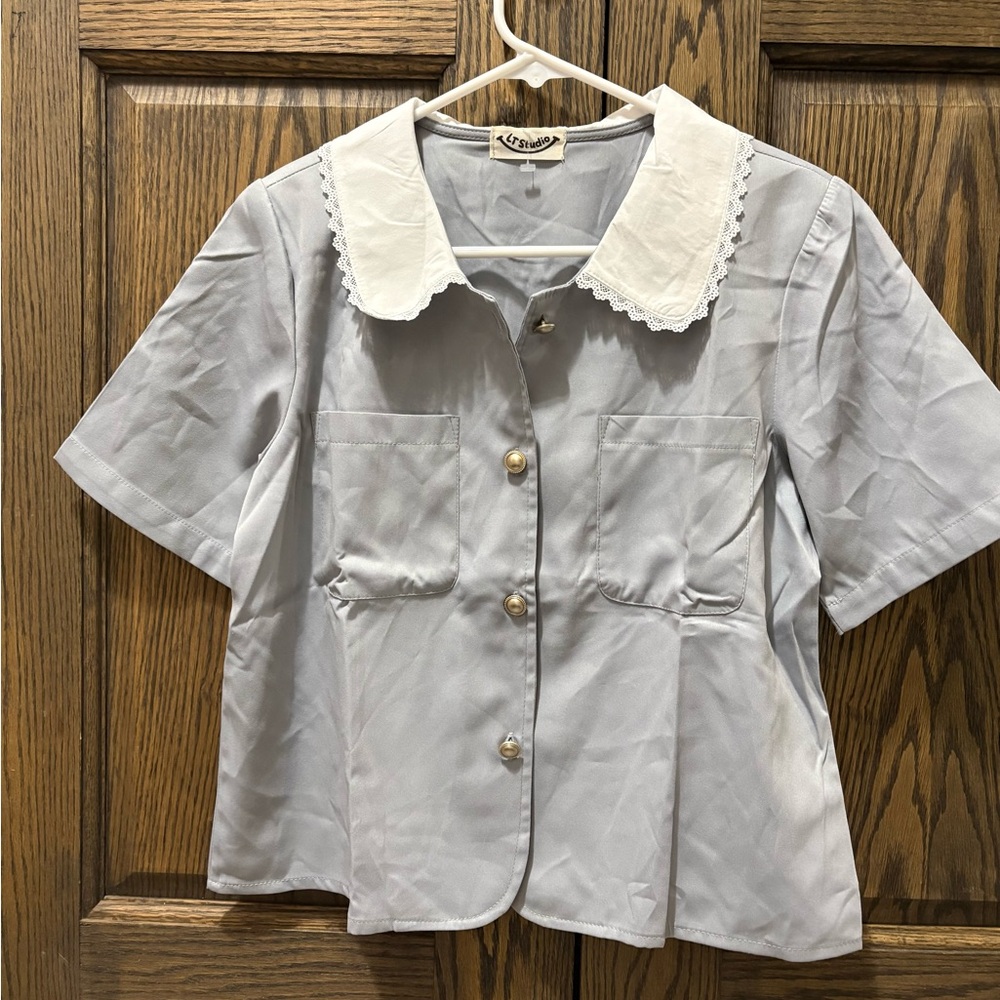 Studio Light Blue Short Sleeve Blouse with White Peter Pan Collar